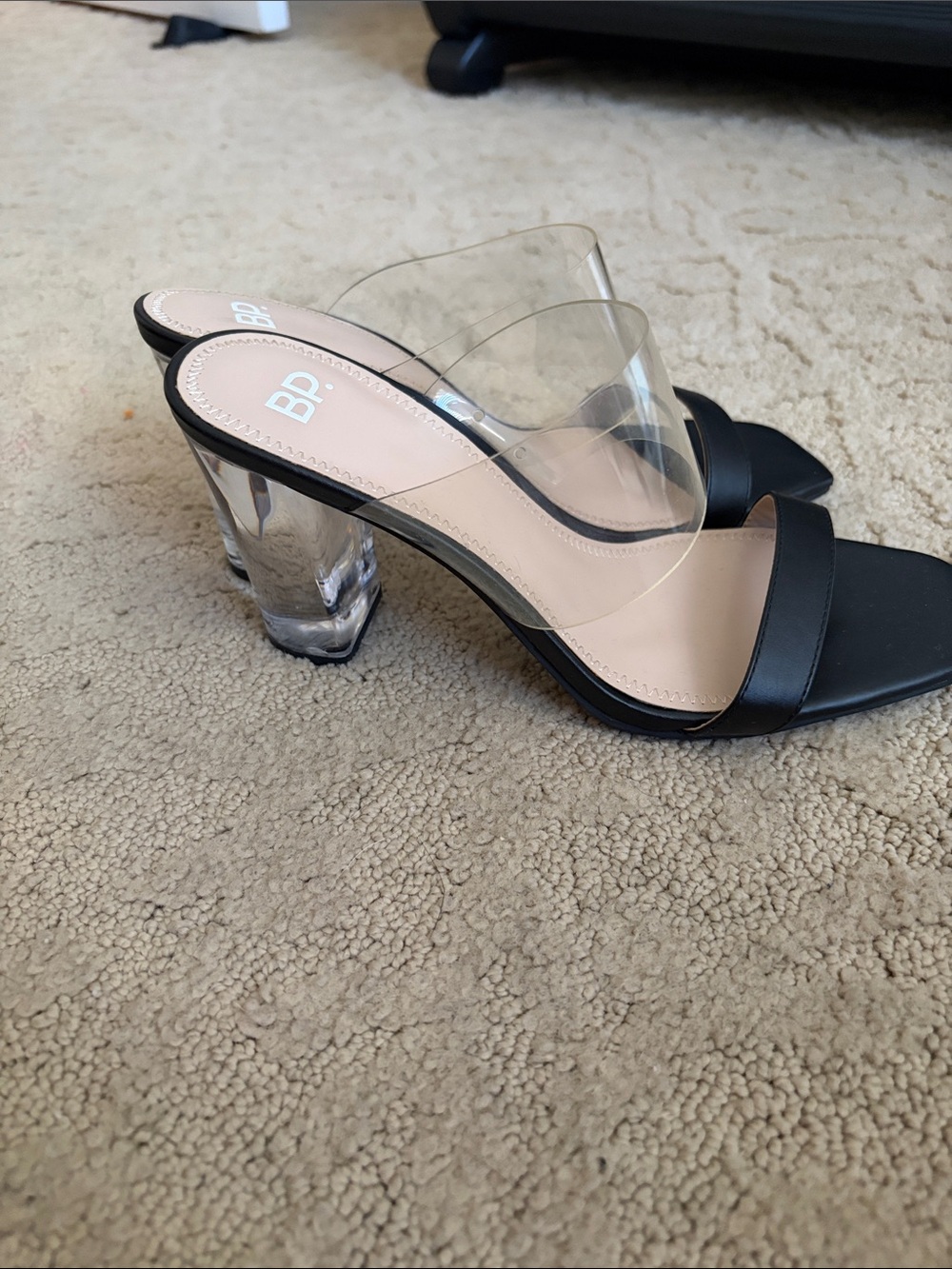 bp Black Mule Sandal with Clear Lucite Heel